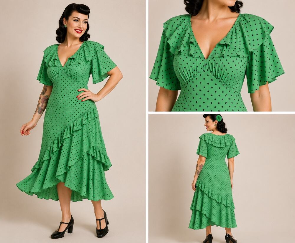 Vintage Green Polka Dot High Low Dress Women's S Ruffle Midi Pin Up Rockabily